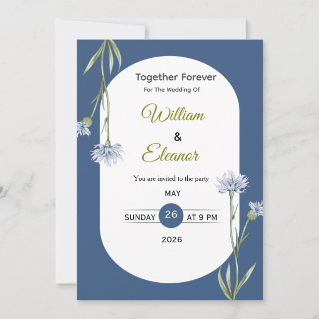 Elegant Blue Floral Wedding Invitation (Front)