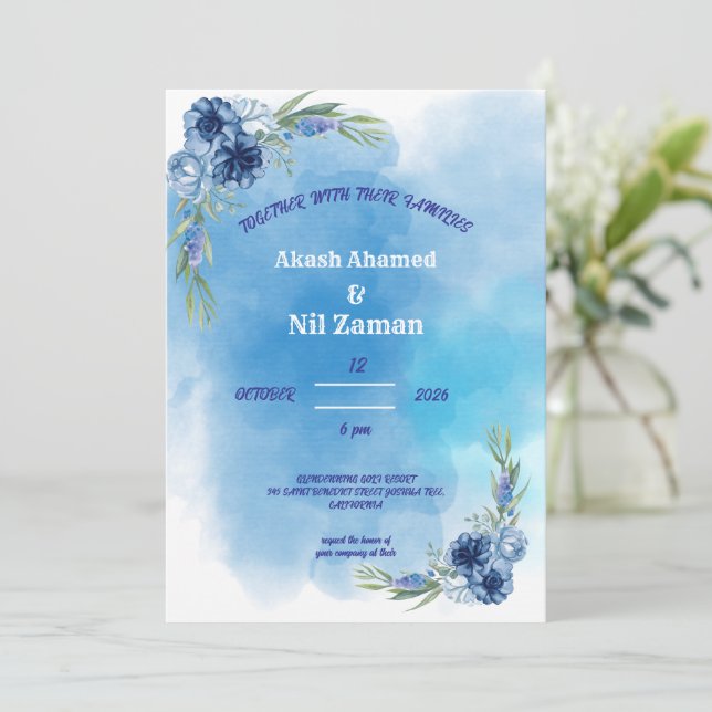 Elegant Blue Floral Wedding Invitation (Standing Front)