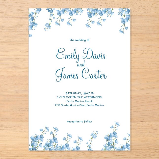 Elegant Blue Floral Wedding Invitation (Front)