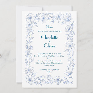 Elegant Blue Floral Wedding Invitation Card Design