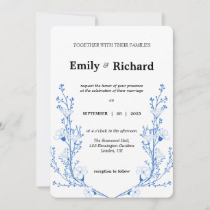 Elegant Blue Floral Wedding Invitation Modern Bo