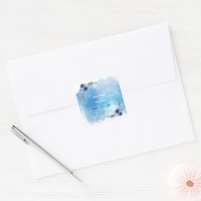 Elegant Blue Floral Wedding Invitation Square Sticker (Envelope)
