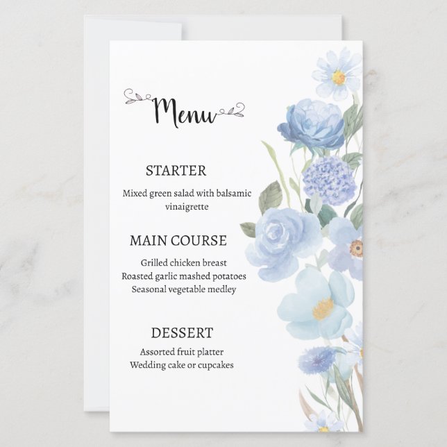 Elegant Blue Floral Wedding Menu (Front)
