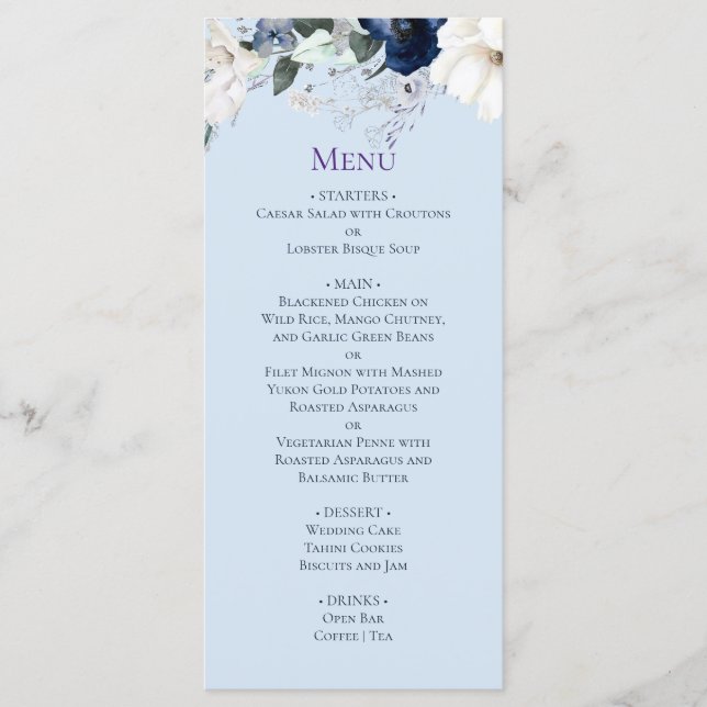 Elegant Blue Floral Wedding Menu (Front)