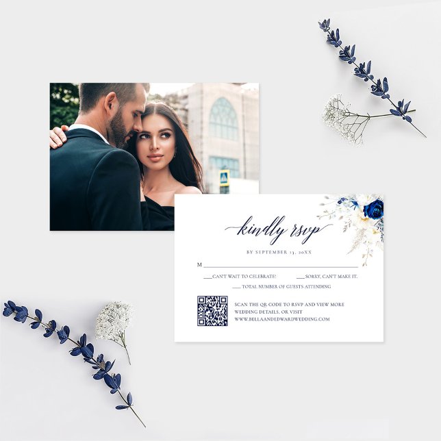 Elegant Blue Floral Wedding QR Code RSVP Card (Creator Uploaded)