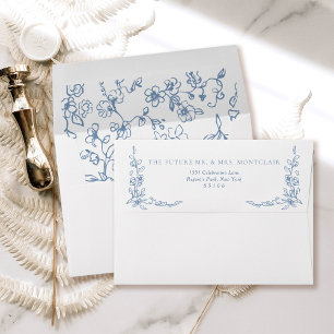 Elegant Blue Floral Wedding Return Address Envelope