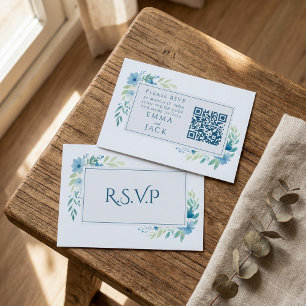 Elegant Blue Floral Wedding RSVP QR Code Enclosure Card