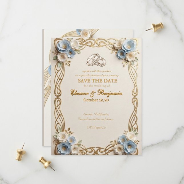 Elegant Blue Floral Wedding Save the Date (Front/Back In Situ)