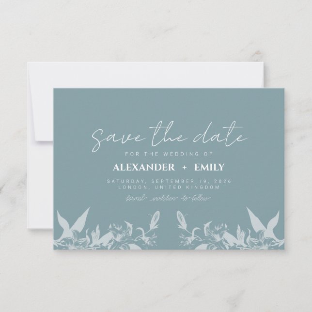 Elegant Blue Floral Wedding Save the Date Card (Front)