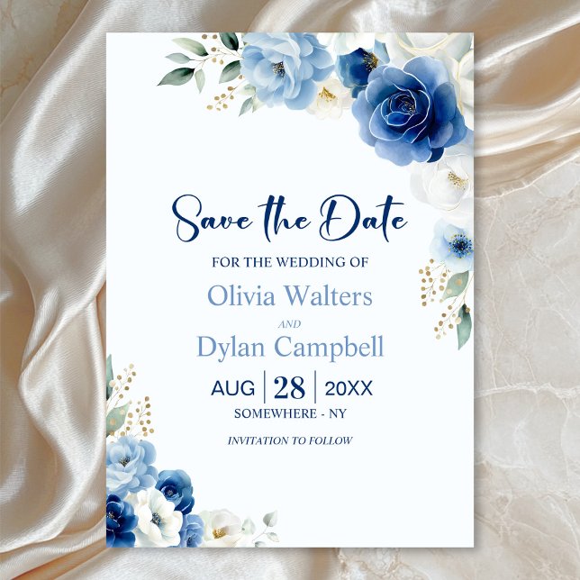 Elegant Blue Floral Wedding Save the Date Invitation (Creator Uploaded)