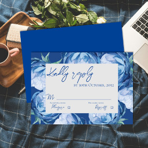 Elegant Blue Floral Wedding Script Reply RSVP Card