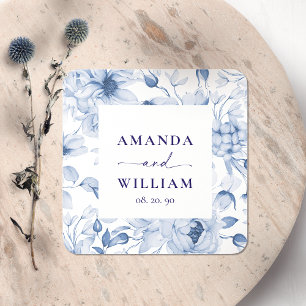 Elegant Blue Floral Wedding  Square Sticker