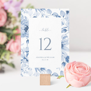 Elegant Blue Floral Wedding Table Number Card