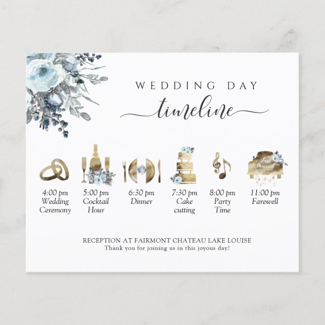 Elegant  Blue Floral Wedding Timeline and Program (Front)