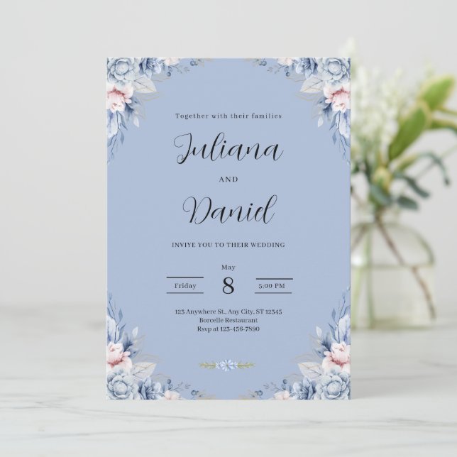 Elegant Blue Floral Wedding Tropical wedding  Invitation (Standing Front)