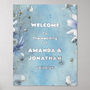 Elegant Blue Floral Wedding Welcome Foil Sign
