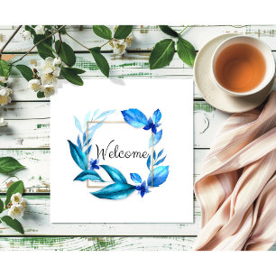 Elegant Blue Floral "Welcome" Watercolor Art Poster