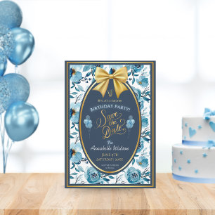 Elegant Blue Floral White Surprise Birthday Flat Save The Date