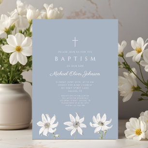 Elegant Blue Floral Wildflower Baptism Invitation