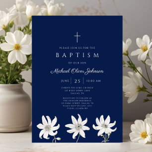 Elegant Blue Floral Wildflower Boy Baptism Invitation