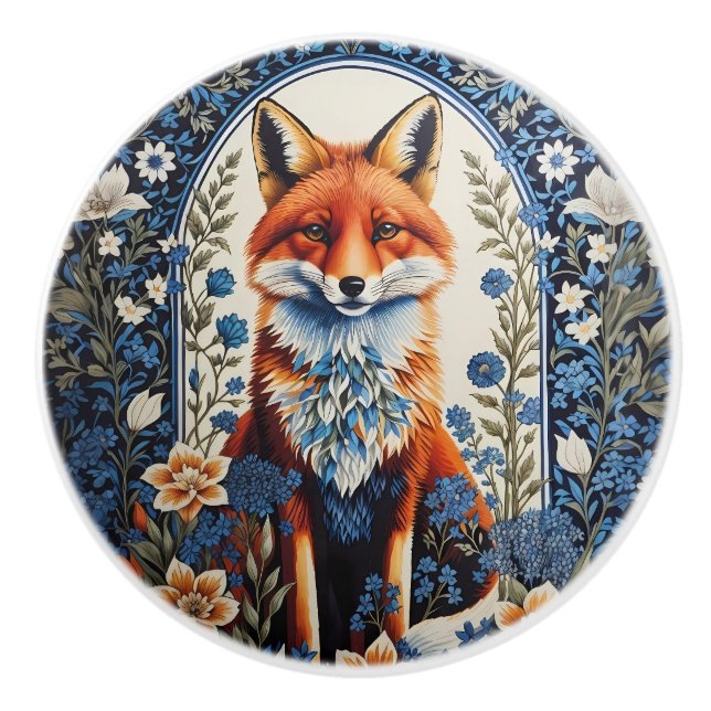 Elegant Blue Floral William Morris Inspired Fox Ceramic Knob (Front)