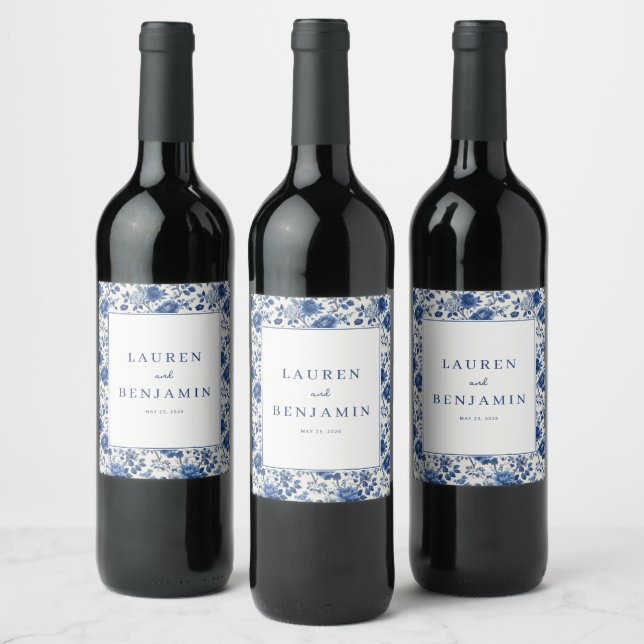 Elegant Blue Floral Wine Label (Bottles)