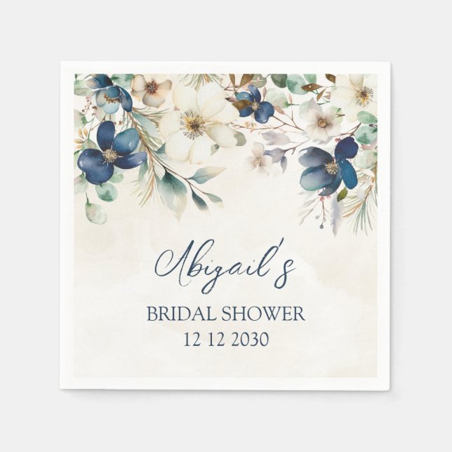 Elegant Blue Floral Winter Bridal Shower Napkin (Front)