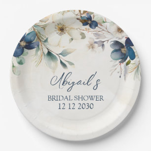 Elegant Blue Floral Winter Bridal Shower Paper Plate