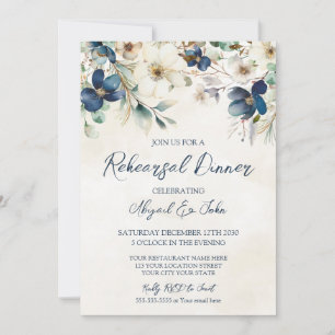 Elegant Blue Floral Winter Rehearsal Dinner Invitation
