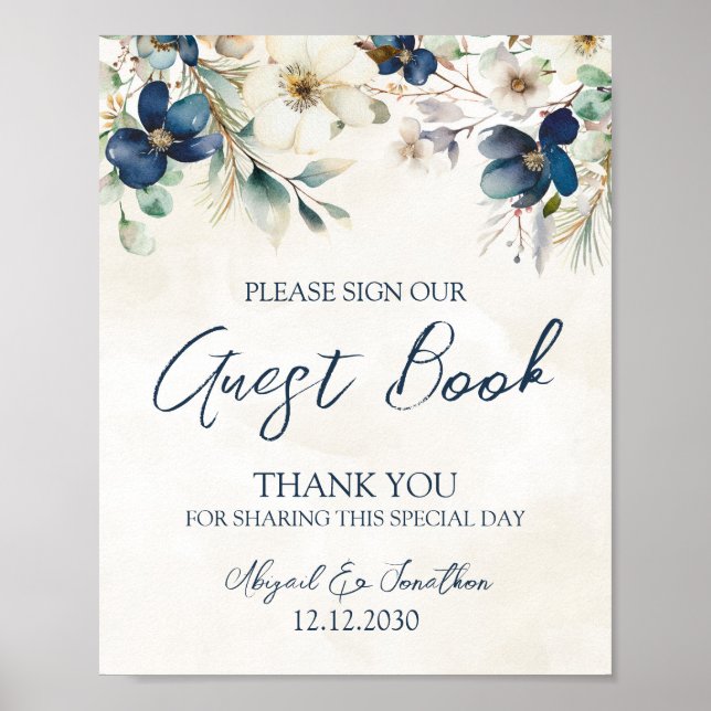 Elegant Blue Floral Winter Wedding Guest Book Sign (Front)