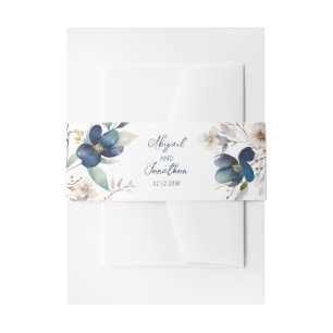 Elegant Blue Floral Winter Wedding Invitation Belly Band