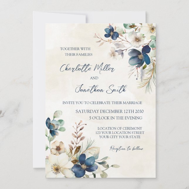 Elegant Blue Floral Winter Wedding Invitations (Front)