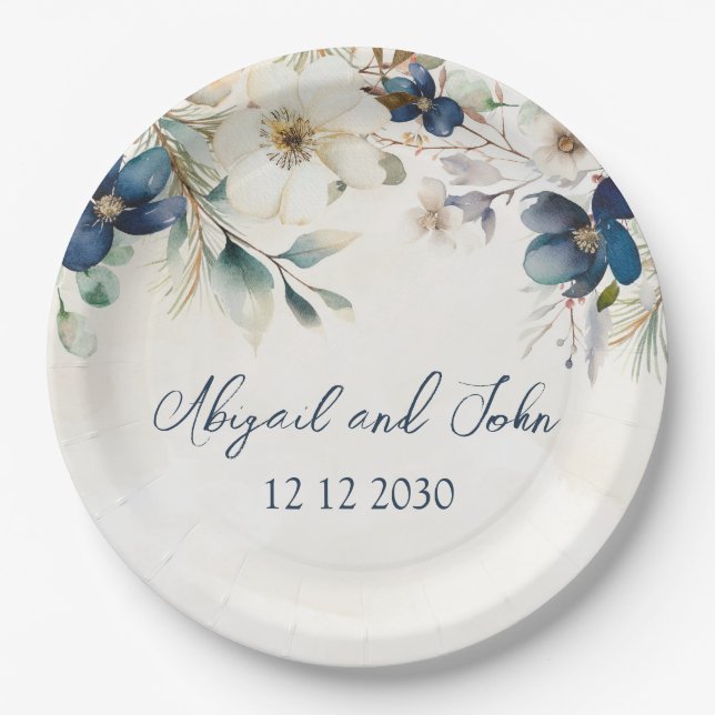 Elegant Blue Floral Winter Wedding Paper Plate (Front)