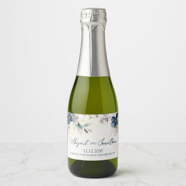 Elegant Blue Floral Winter Wedding Wine Label (Front)