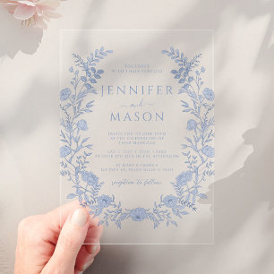 Elegant Blue Floral Wreath Bohemian Wedding Acrylic Invitations