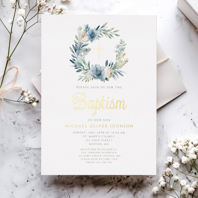 Elegant Blue Floral Wreath Boy Baptism Gold (Elegant Blue Floral Wreath Boy Baptism Gold Foil Invitation)