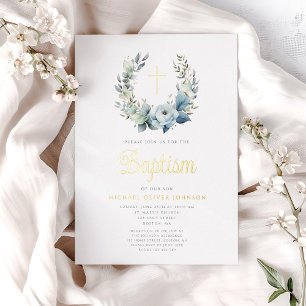 Elegant Blue Floral Wreath Cross Boy Baptism Gold