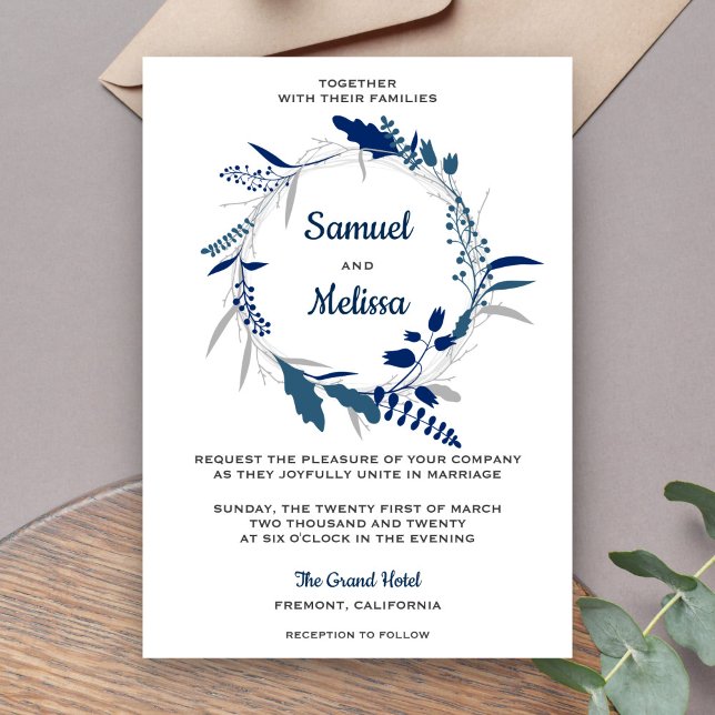 Elegant Blue Floral Wreath Wedding Invitation (Creator Uploaded)