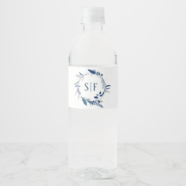 Elegant Blue Floral Wreath Wedding Water Bottle Label (Front)