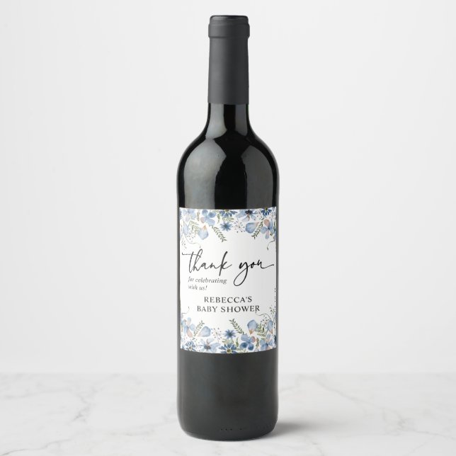 Elegant Blue Florals Baby Shower Favour Wine Label (Front)