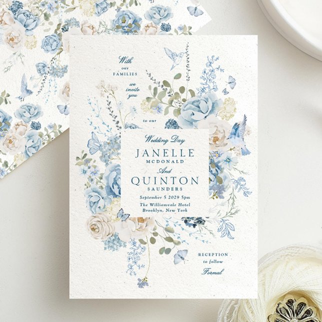 Elegant Blue Florals Faux Handmade Paper Wedding Invitation (Creator Uploaded)