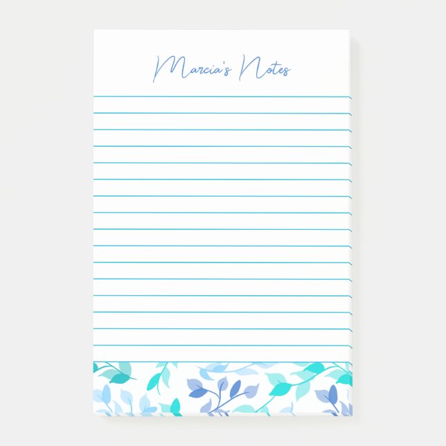 Elegant Blue Florals Modern Personalised Post-it Notes (Front)
