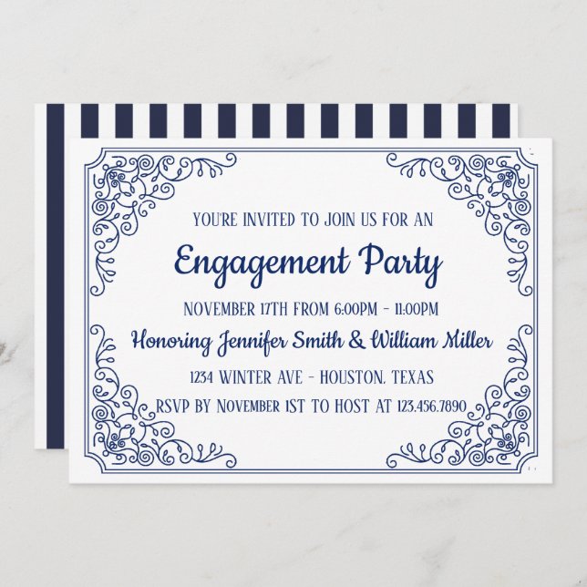 Elegant Blue flourish swirl frame engagement party Invitation (Front/Back)