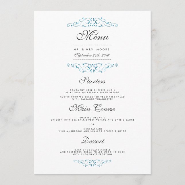 Elegant Blue Flourish Wedding Dinner Menu (Front)
