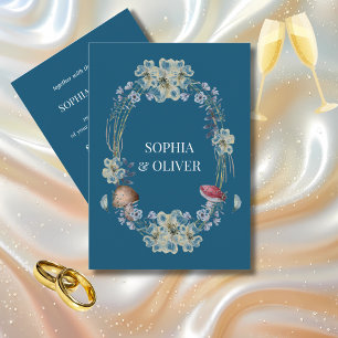 Elegant Blue Flower and Mushroom Wreath Wedding Invitation