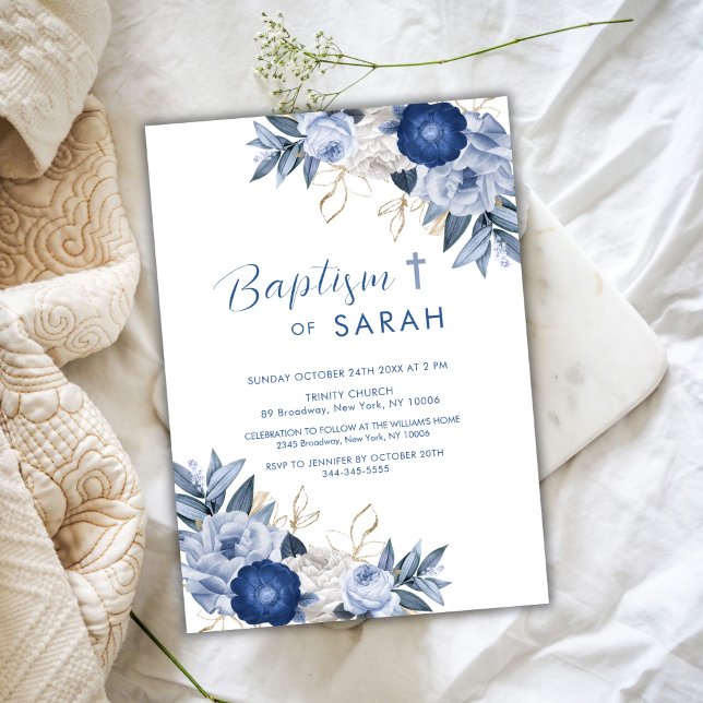 Elegant Blue Flower Baptism Christening Cross Invitation (Elegant Blue Flower Baptism Christening Cross Invitation)