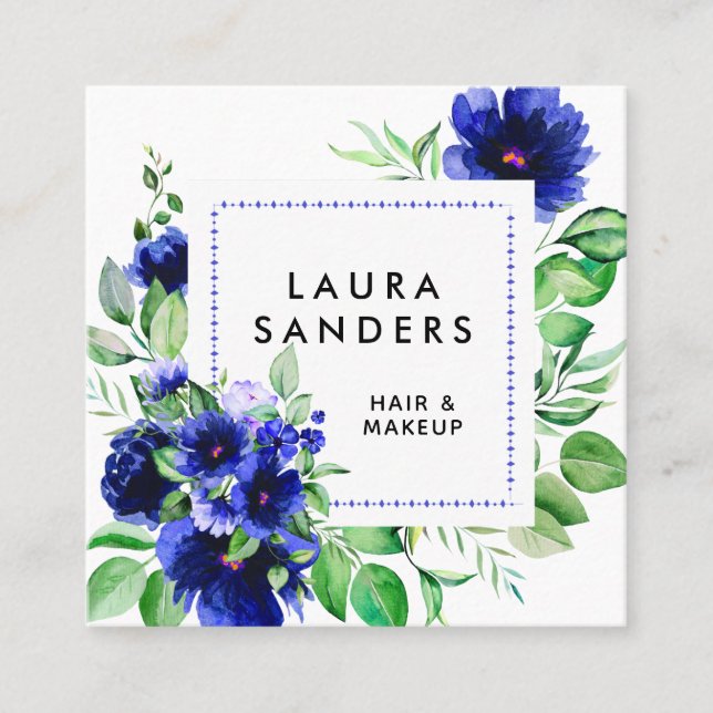 Elegant Blue Flower Hair & Makeup Square Business Card (Front)