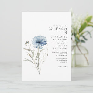 Elegant Blue Flower Modern QR Code Wedding Invitation