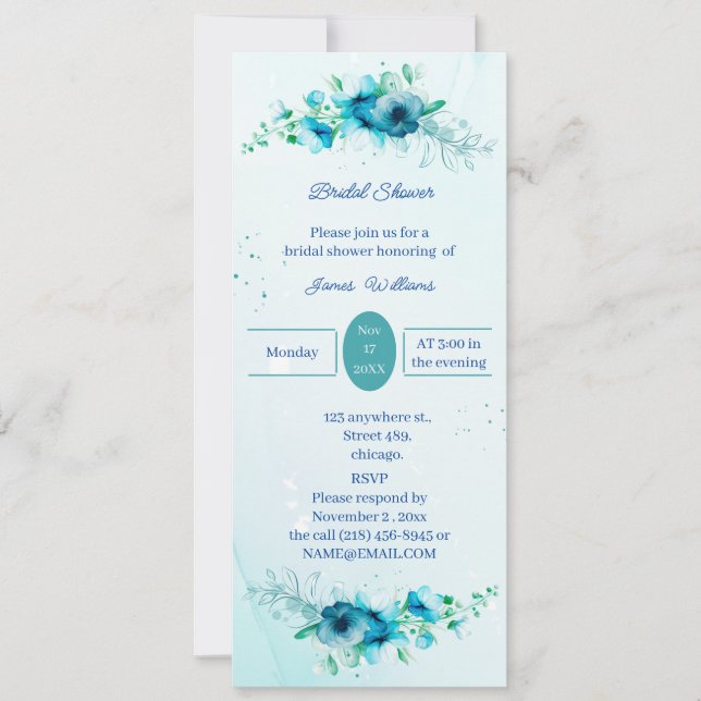 Elegant Blue Flower Personalised Bridal Shower Invitation (Front)