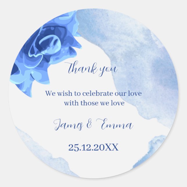 Elegant Blue Flower Personalised Wedding Classic Round Sticker (Front)